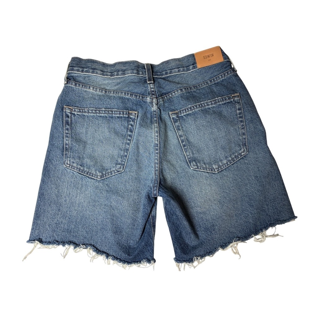 High Rise Raw Hem Denim Shorts Edwin Cai Short 7 Inseam Cove Blue 28